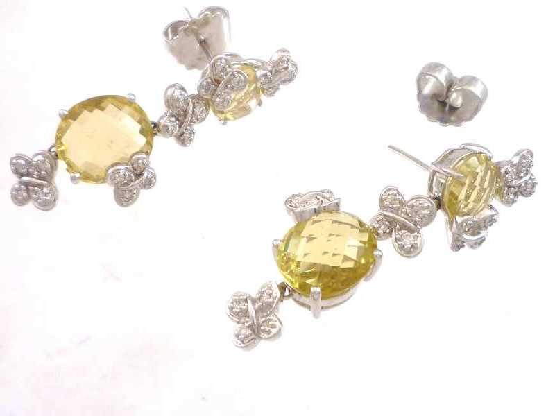(9.1) 9CT WHITE GOLD, BUTTERFLY DESIGN, CITRINE AND DIAMOND SET, DROP EARRINGS